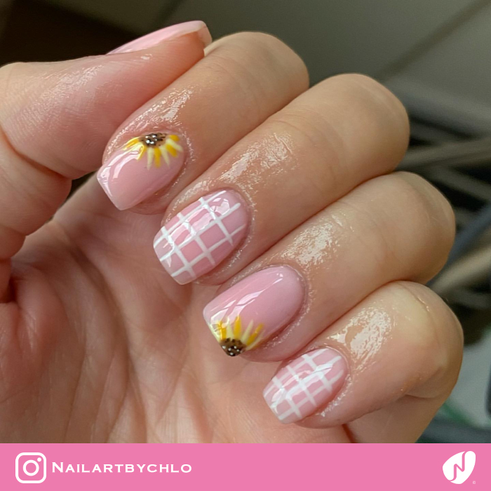Grid and Sunflower Nails